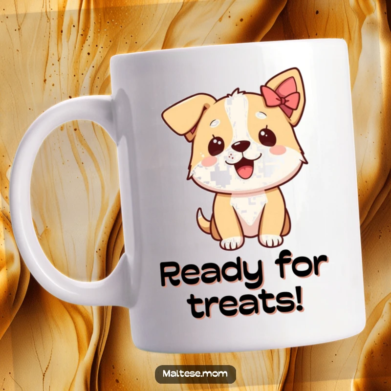 Funny mug with an excited dog character sporting a tiny bow on its ear, showcasing pure, uncontainable happiness.