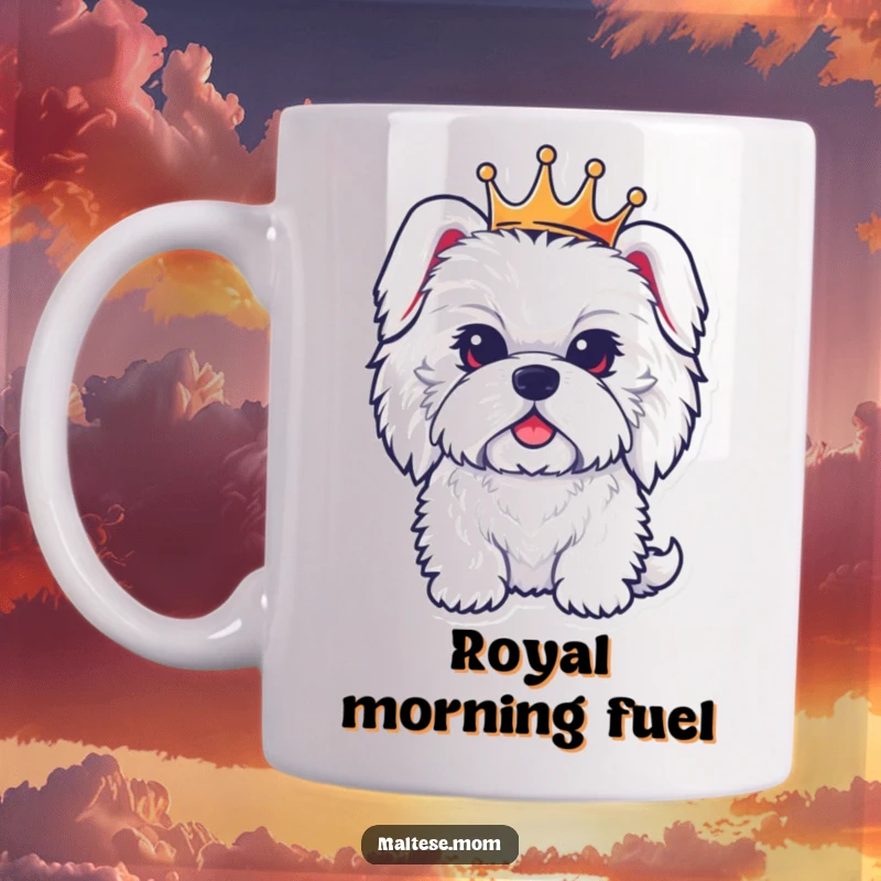 Funny mug showcasing a fluffy Maltese dog character wearing a miniature crown with a dignified expression, exuding regal charm.