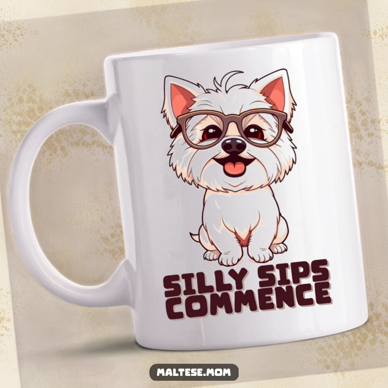 Funny Maltese dog mug featuring a giggling white dog wearing oversized glasses and striking a silly pose.