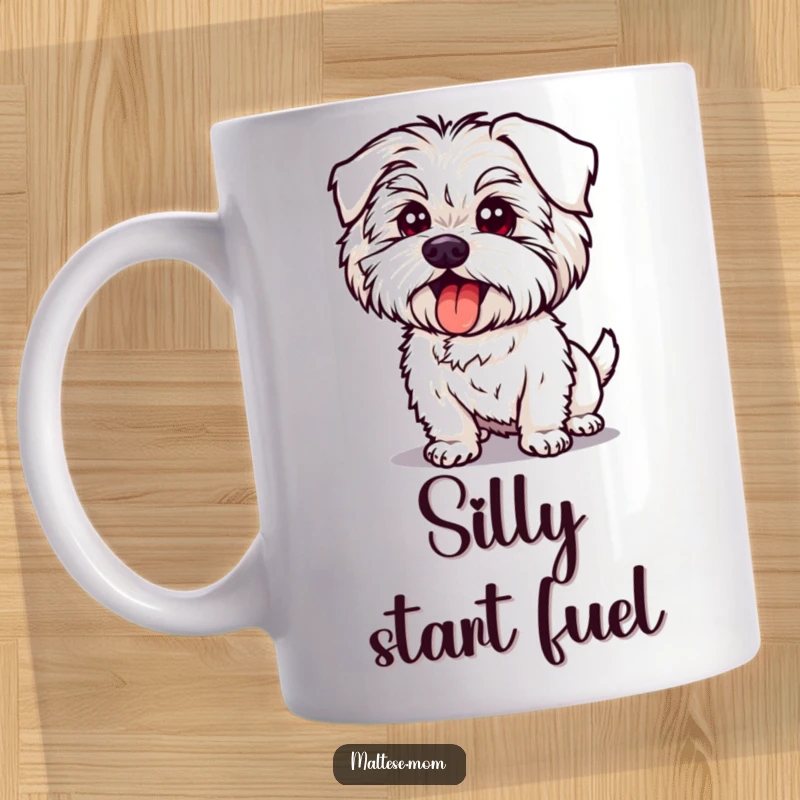 Funny Maltese Dog Mug: Adorable dog in a silly pose, tongue playfully peeking out, radiating pure, goofy joy.