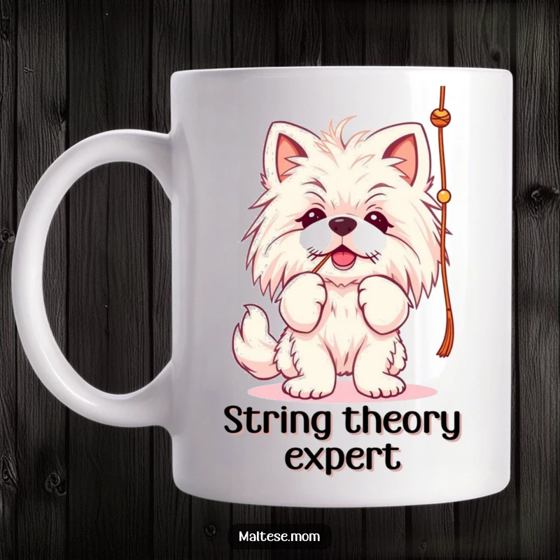 Funny Maltese lady dog mug, playfully batting at a dangling string, mischievous and cute.