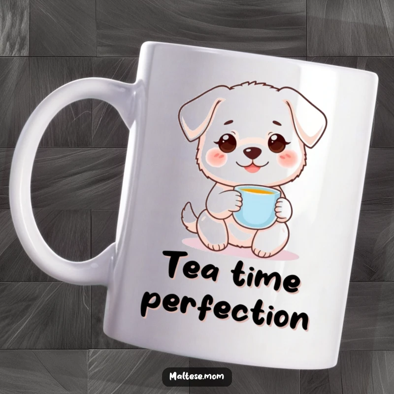 Funny small white dog with sweet smile holding tiny teacup on mug. Adorable pet humor, perfect funny gift.