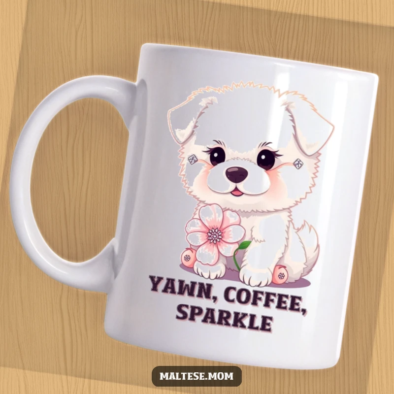 Funny tiny fluffy white dog with diamond earrings posing with a flower on a mug. Chic pet humor, perfect funny gift.