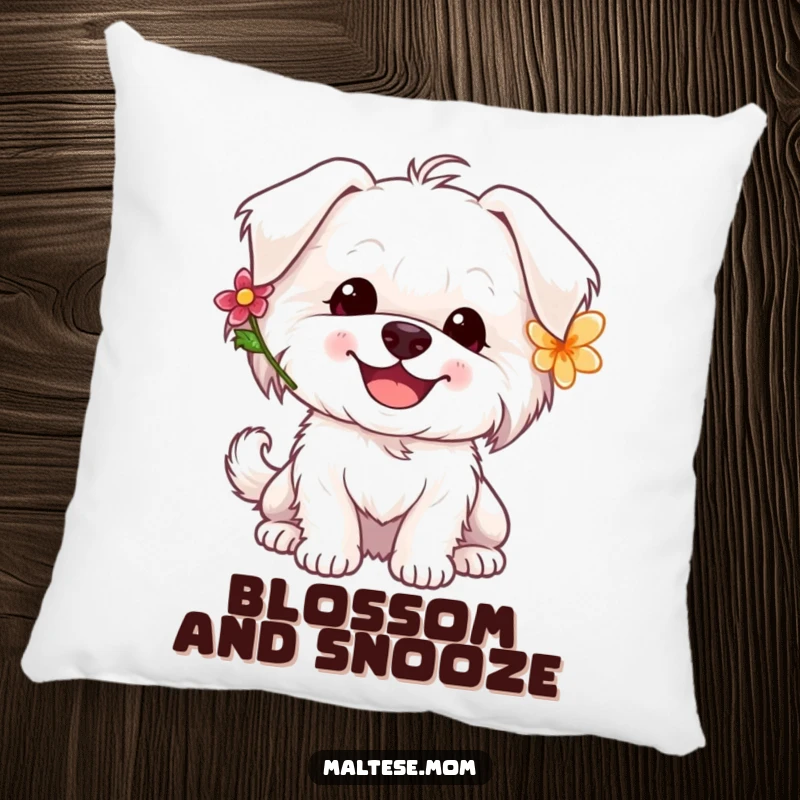 Funny Maltese dog pillow featuring a happy white dog with a flower behind its ear and a wagging tail.