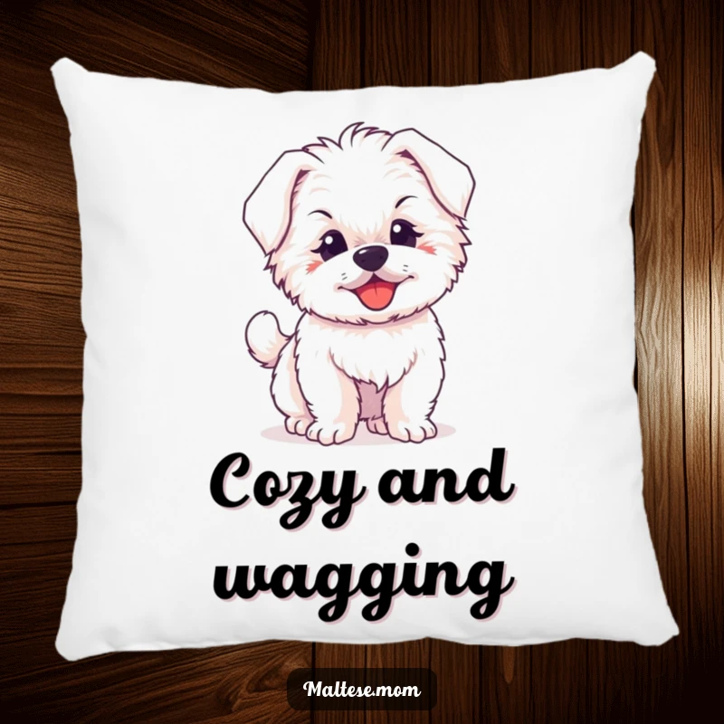 Funny pillow featuring a fluffy Maltese puppy joyfully wagging its tail, designed for comfort and a happy vibe.