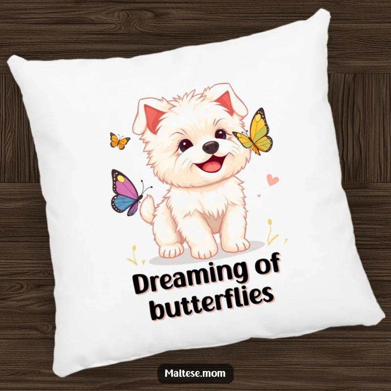 Funny pillow featuring a smiling Maltese puppy chasing a butterfly, perfect for adding cute and humorous decor.