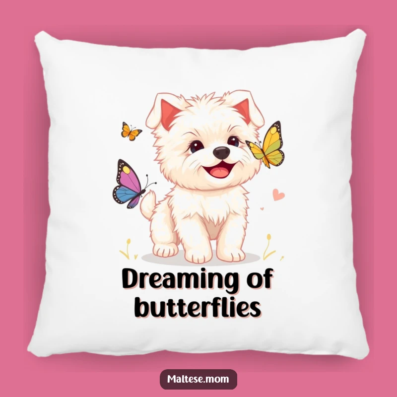 Funny Maltese Puppy Pillow, Cute Butterfly Chase Accent Decor