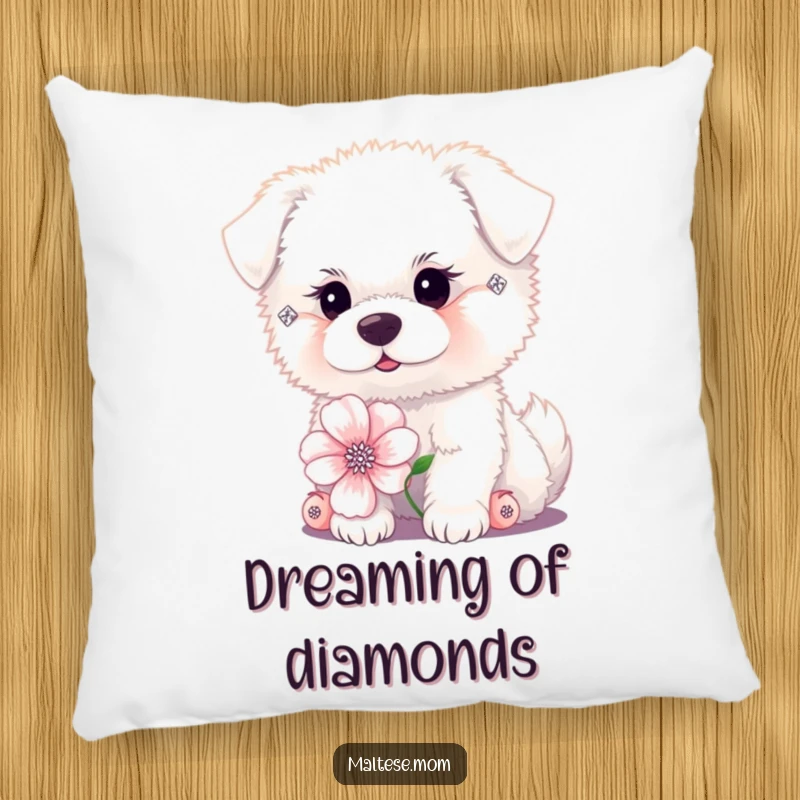 Funny tiny fluffy white dog with diamond earrings posing with a flower on a pillow. Luxe comfort pet decor, ideal funny gift.