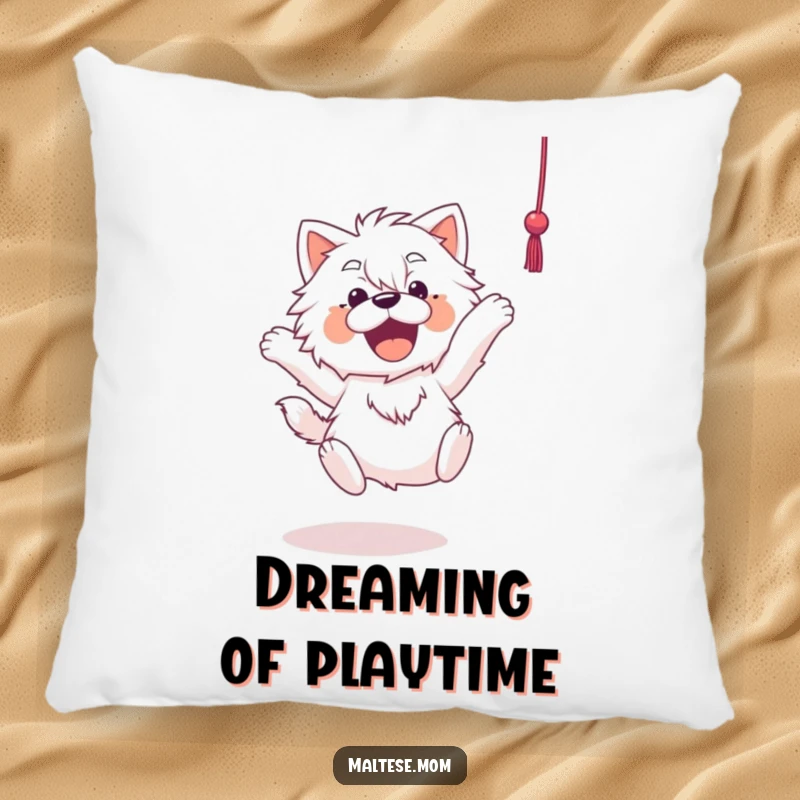 Funny Maltese pillow featuring a plush Maltese dog in a playful leap towards a dangling string, embodying pure, unadulterated fun.
