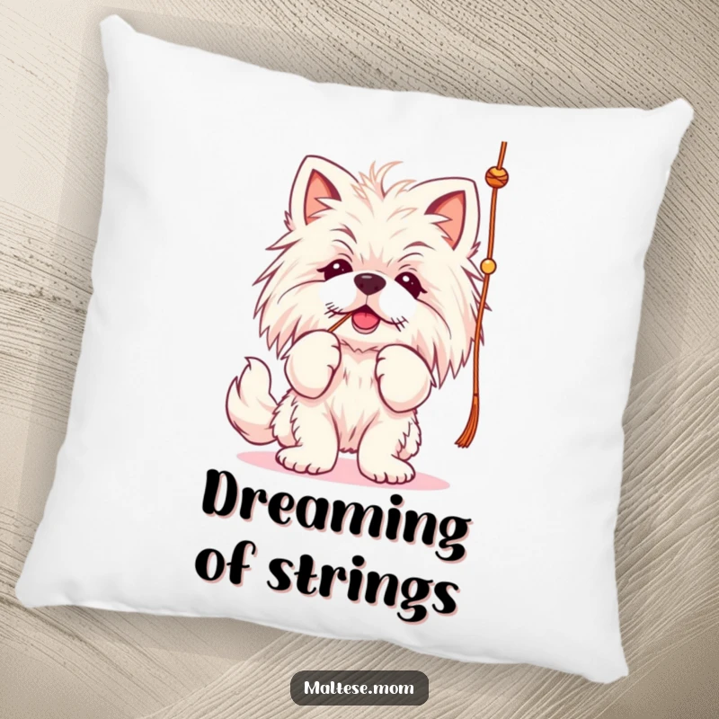 Funny Maltese lady dog pillow, batting at a string, soft and decorative.