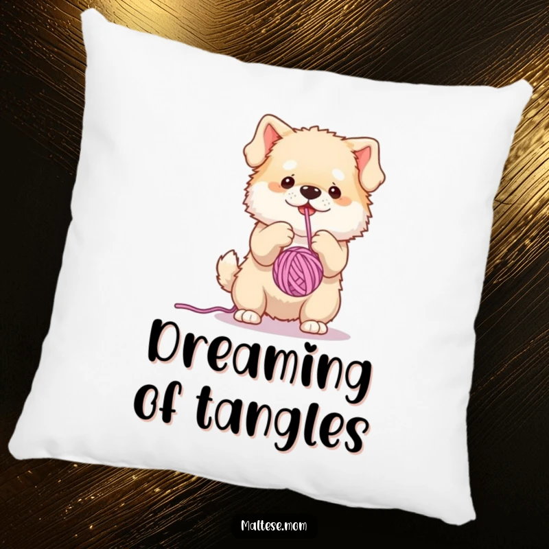 Funny, soft pillow featuring a fluffy dog character enthusiastically playing with a dangling yarn ball, a perfect accent for comfort.