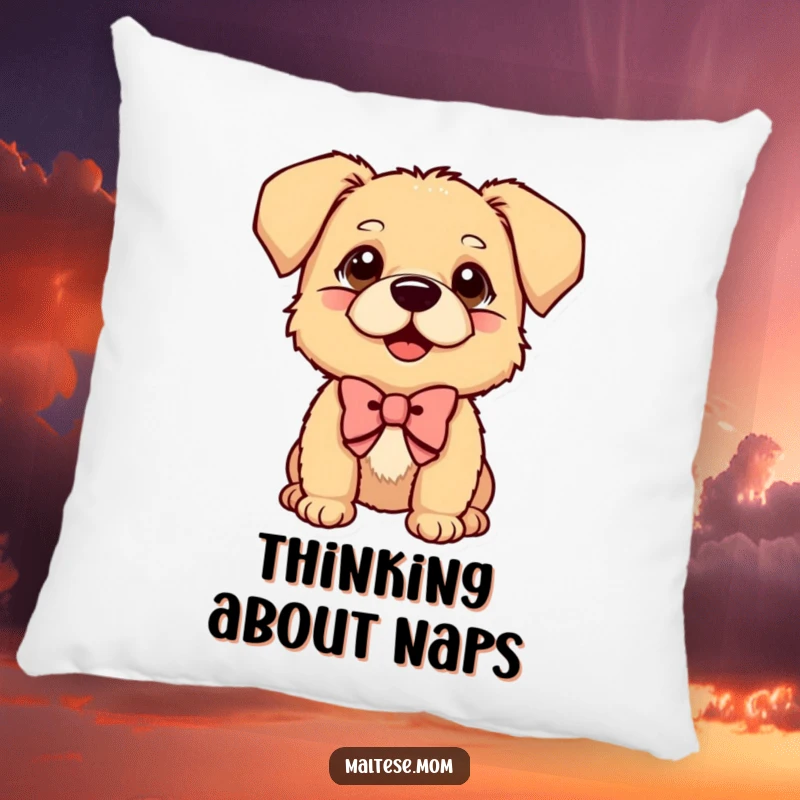 Funny Pillow featuring a small dog with a bow, tilting its head curiously for a touch of playful decor.