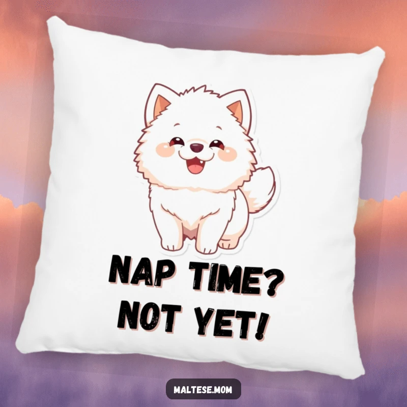 Funny Pillow depicting a fluffy white dog's enthusiastic tail wag, adding comfort and humor to any room.