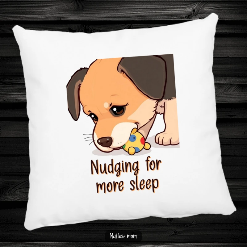Funny Pillow featuring a dog nudging a small, colorful toy with its wet nose, adding comfort and playful charm.