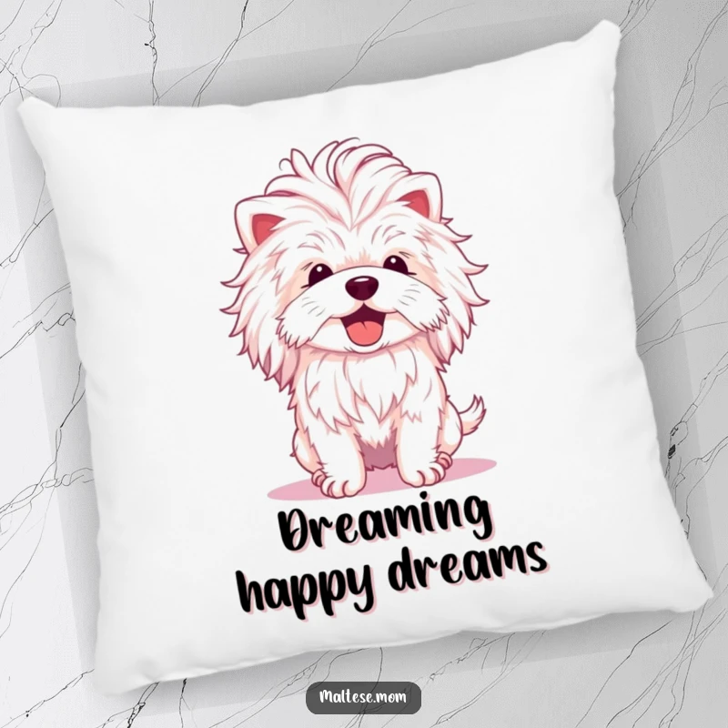 Funny Maltese Dog Pillow: A Maltese with a fluffy mane shakes its head joyfully, providing cozy comfort and cheerful vibes.