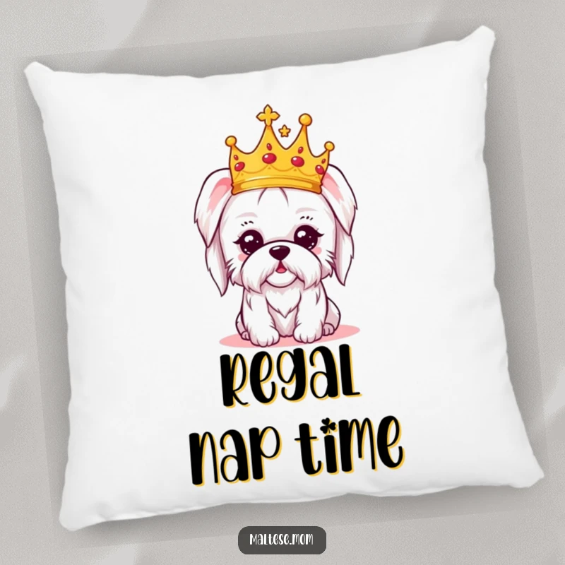 Funny pillow featuring a kawaii Maltese dog in a crown, looking regal and amused, perfect for soft, comfortable, and charming decor.