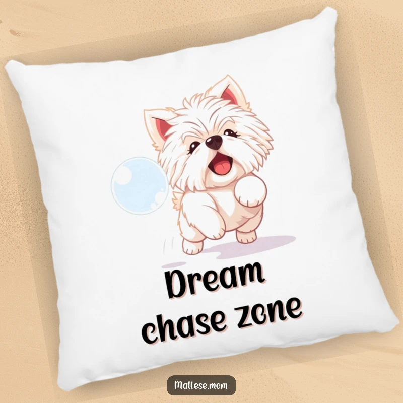 Funny Maltese dog pillow featuring a playful white dog delightedly chasing a shimmering bubble.