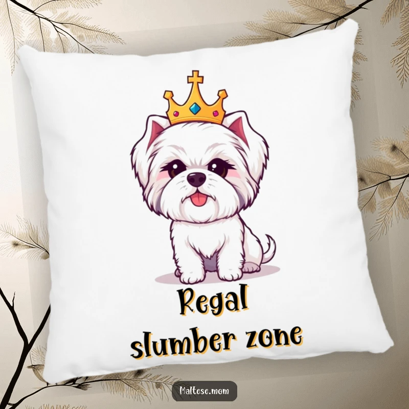 Funny Maltese dog pillow with a cute white dog wearing a small crown, exuding regal and amused charm.