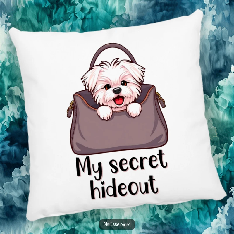 Funny Maltese dog pillow showing a cute character peeking cheekily from a stylish handbag, blending comfort with humorous style.