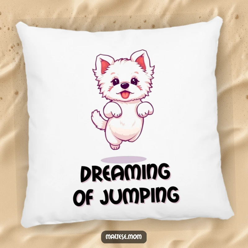 Funny decorative pillow with a Maltese dog character doing a tiny, elegant jump, perfect for cozy charm.
