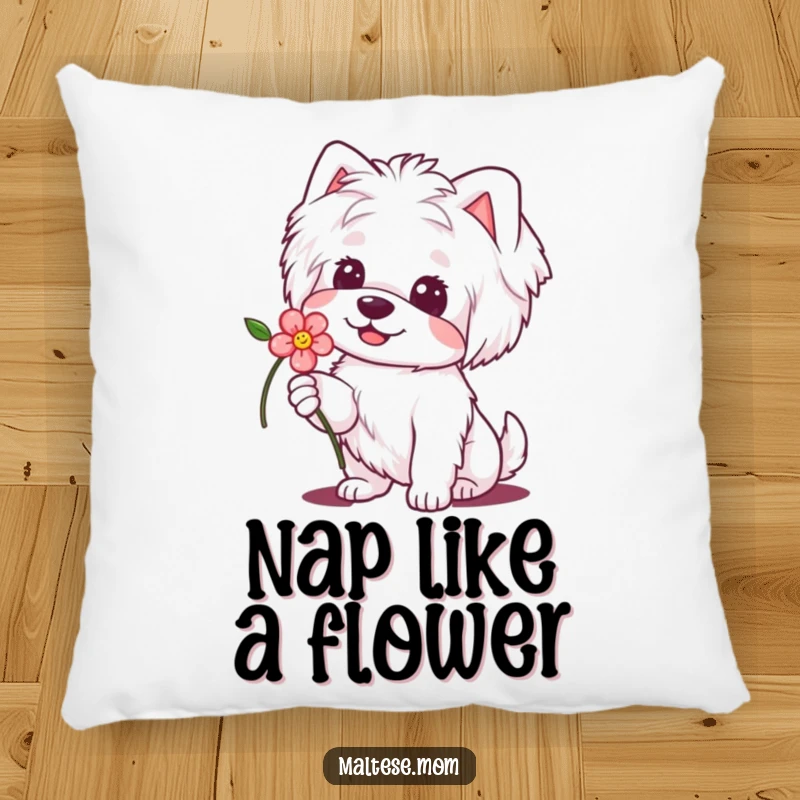 Funny Maltese Dog Pillow: Soft cushion with a dog offering a flower with a sweet smile, providing comfort and a touch of funny sweetness.