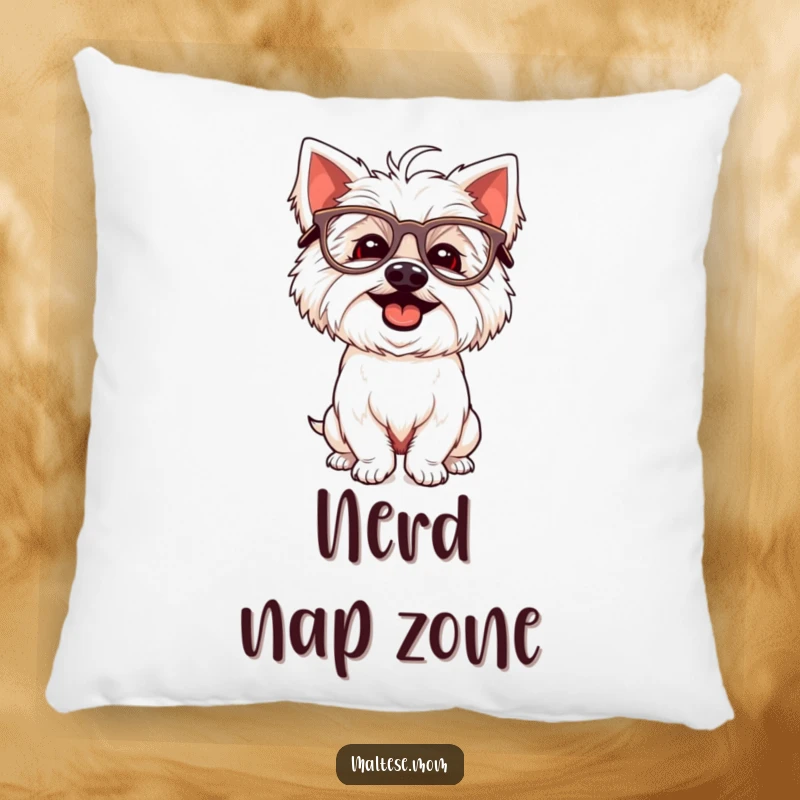 Funny Maltese dog pillow with a giggling white dog wearing oversized glasses and striking a silly pose.