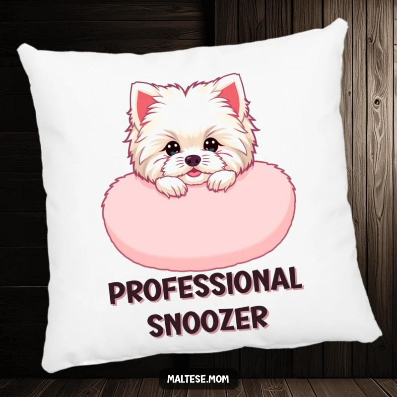 Funny Maltese Lady Pillow: A Maltese dog peeking from a fluffy pink cushion, bringing funny charm and comfort to any room.