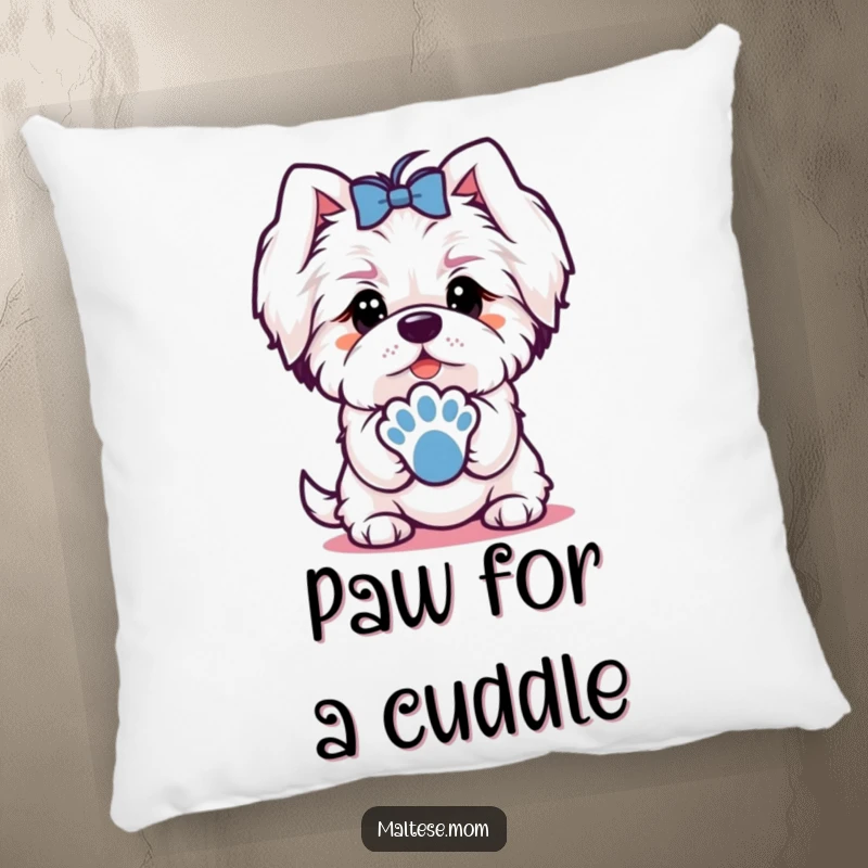 Funny decorative pillow with a Maltese dog character offering a paw with a charming look, perfect for cozy loyalty.