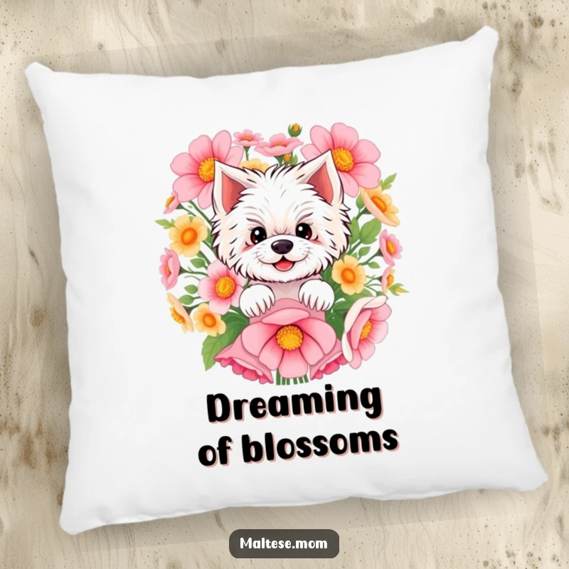 Funny Maltese pillow with a smiling Maltese face peeking coyly from behind a large bunch of colorful flowers, offering comfort and charm.