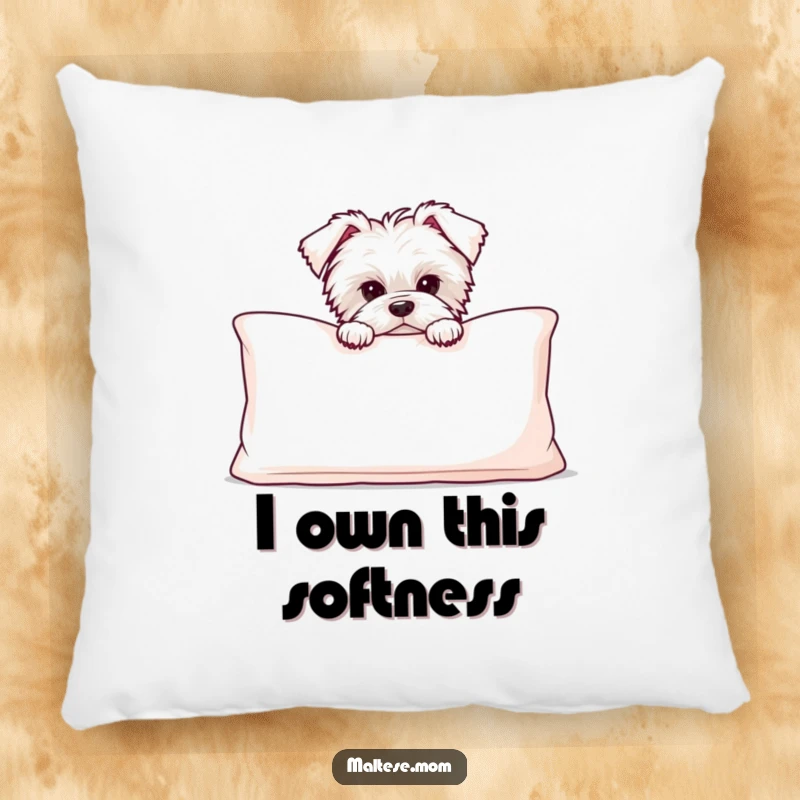 Funny Maltese puppy peeking from behind a big, soft cushion, on a soft and decorative pillow for cozy fun.