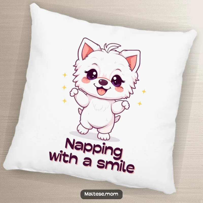 Funny Maltese puppy dancing with sparkly eyes and a big grin, on a soft and decorative pillow for cheerful comfort.