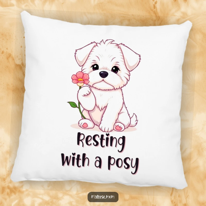 Funny Maltese puppy sitting with paws up, offering a flower, on a soft and decorative pillow for sweet comfort.