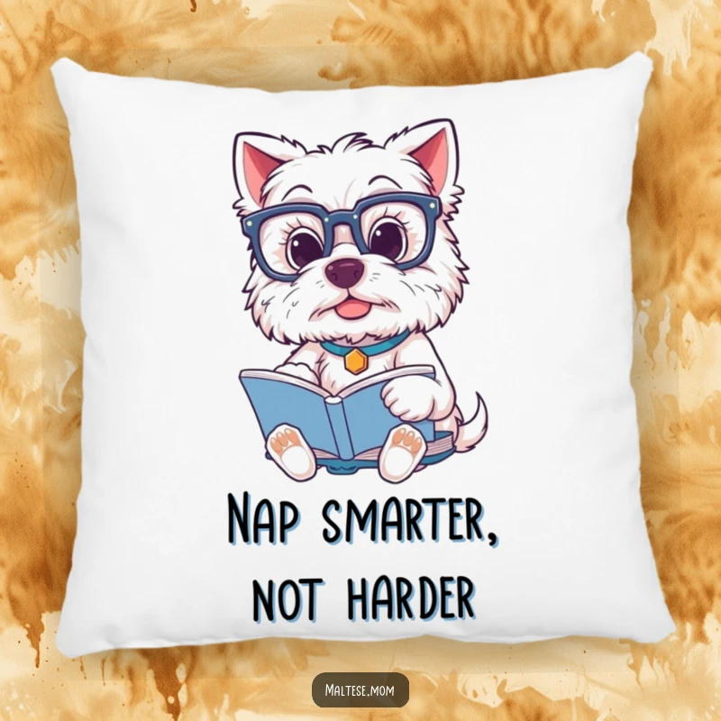 Funny Maltese Dog Pillow: A cuddly pillow featuring a Maltese dog wearing glasses, reading a book, adding humor to any room.