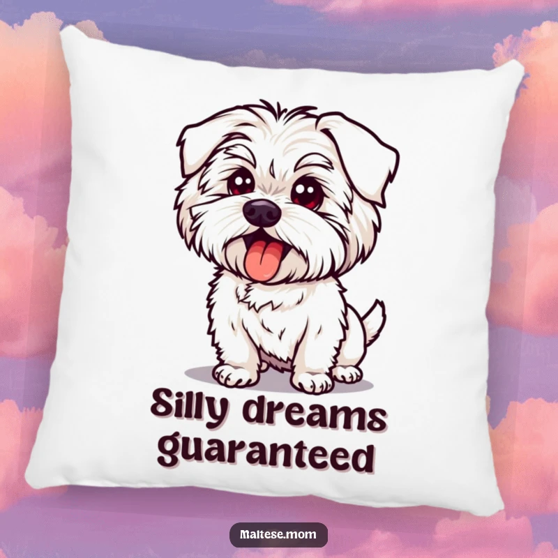 Funny Maltese Dog Pillow: Soft cushion with a dog in a silly pose, tongue out, providing comfort and a touch of funny goofiness.