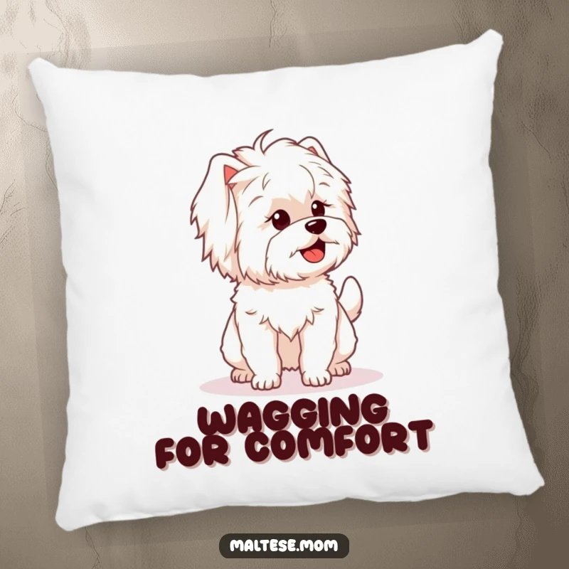 Funny decorative pillow with a Maltese dog character's fluffy tail wagging enthusiastically, perfect for cozying up.