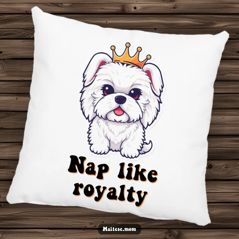 Funny pillow featuring a fluffy Maltese dog in a tiny crown, offering plush comfort and an image of sophisticated, regal cuteness.