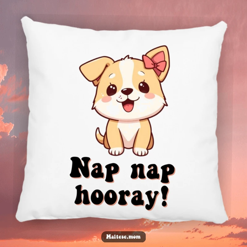 Funny, plush pillow depicting an excited dog character with a tiny bow on its ear, offering comfort and a dose of glee.
