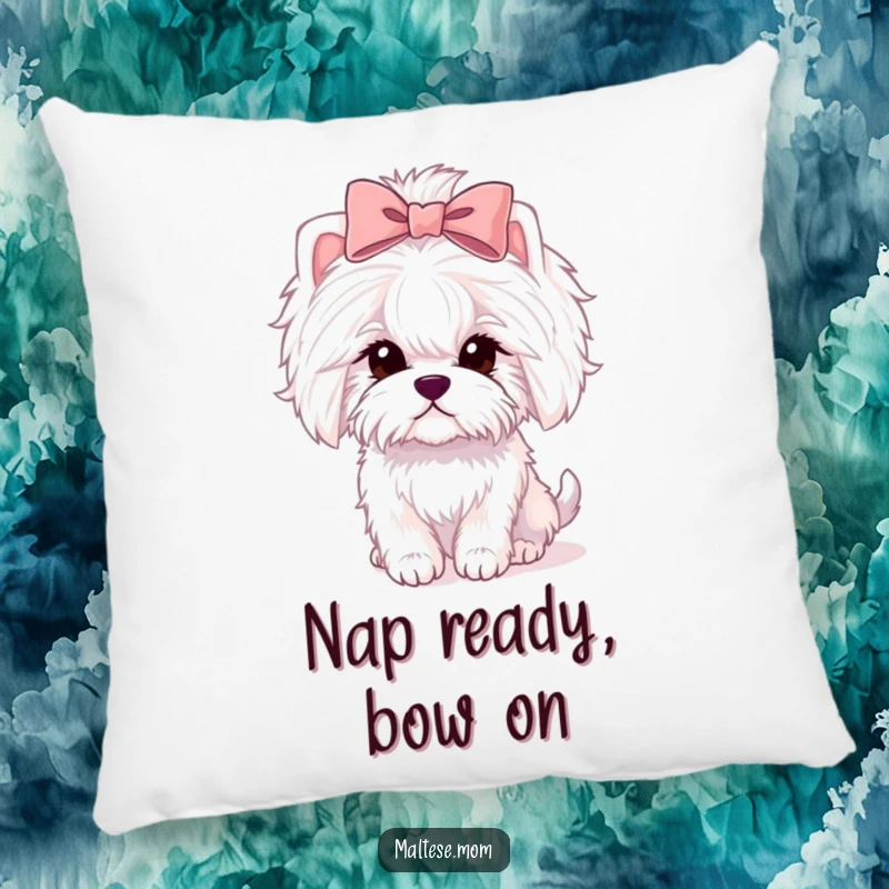 Funny Maltese lady dog pillow with a pink bow, resting comfortably, soft and decorative.