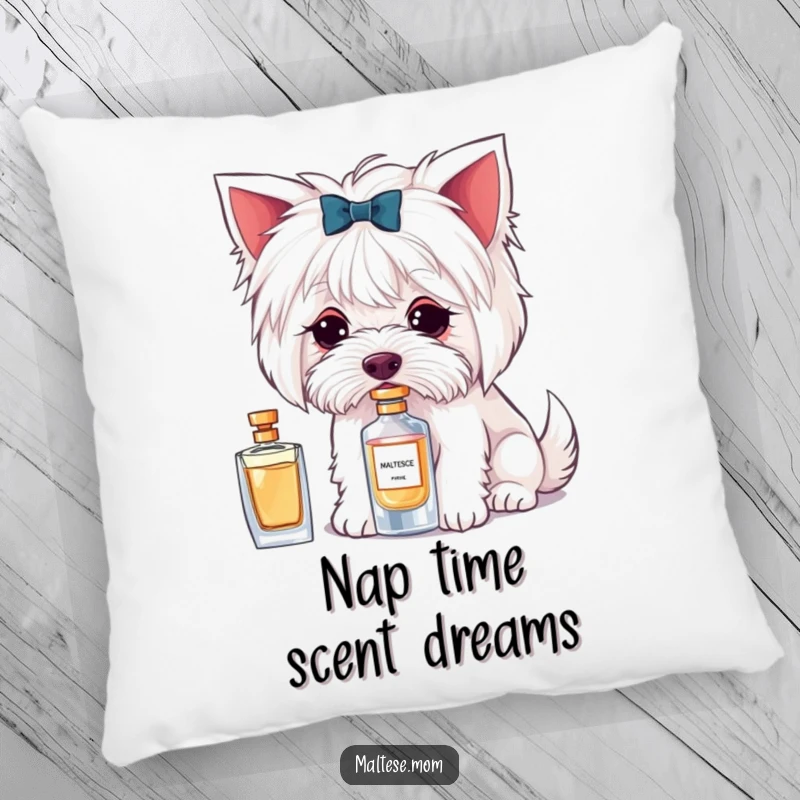 Funny decorative pillow with a Maltese dog character delicately sniffing a perfume bottle, perfect for chic comfort.