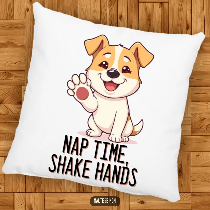 Funny Pillow: A dog offers its paw for a shake, its happy grin radiating warmth and a desire for friendly connection.