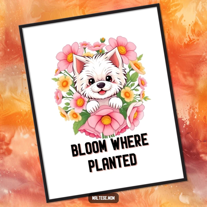 Funny Maltese digital art print of a smiling Maltese dog peeking from behind a large, colorful bunch of flowers, evoking a sense of playful discovery.