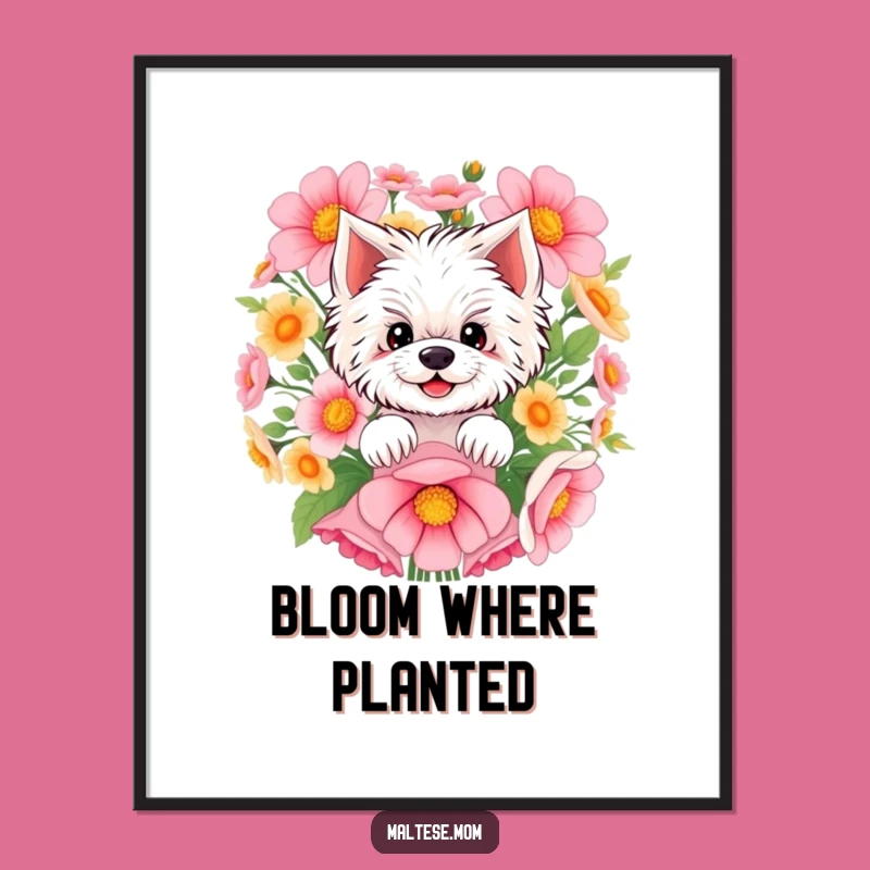 Funny Maltese Digital Art: Pup Peeking from Flowers Wall Decor, Instant Funny Gift
