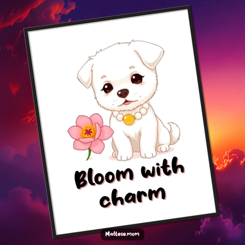 Funny small white dog with a pearl necklace sniffing a flower as digital art. Instant elegant pet decor, perfect funny gift.