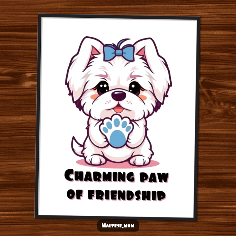 Funny digital art print of a Maltese dog character offering a paw with a charming look, perfect for friendly decor.