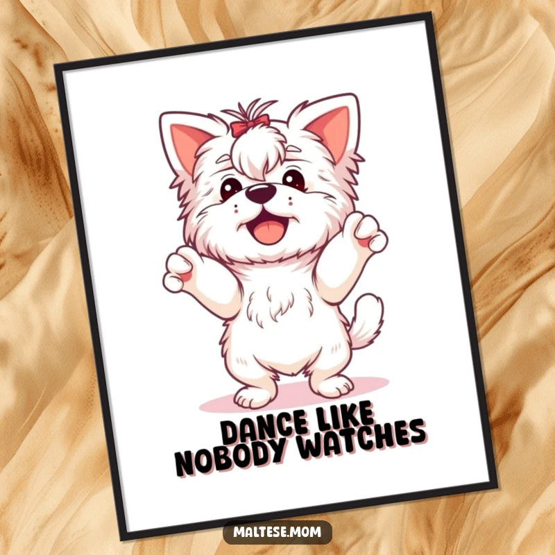 Funny Maltese Dog Digital Art Print: A happy Maltese dog dances with its paws in the air, full of energy and fun.