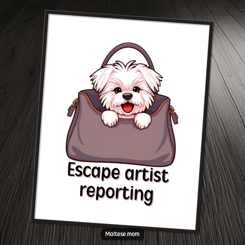 Funny Maltese dog digital art print of a cute character peeking from a stylish handbag, offering a blend of fashion, humor, and charm.