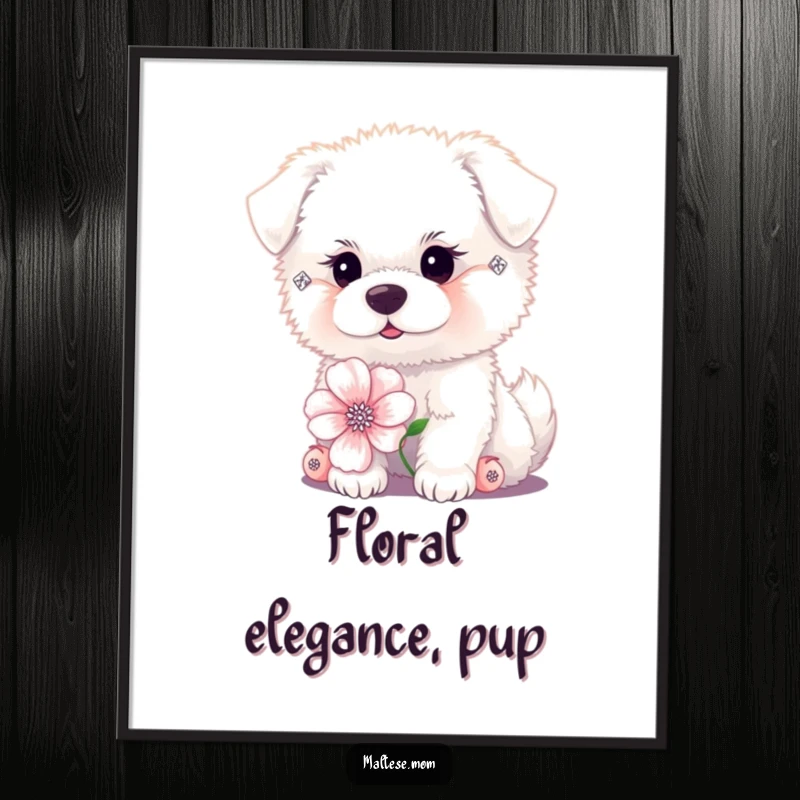 Funny tiny fluffy white dog with diamond earrings posing with a flower as digital art. Instant chic pet decor, perfect funny gift.