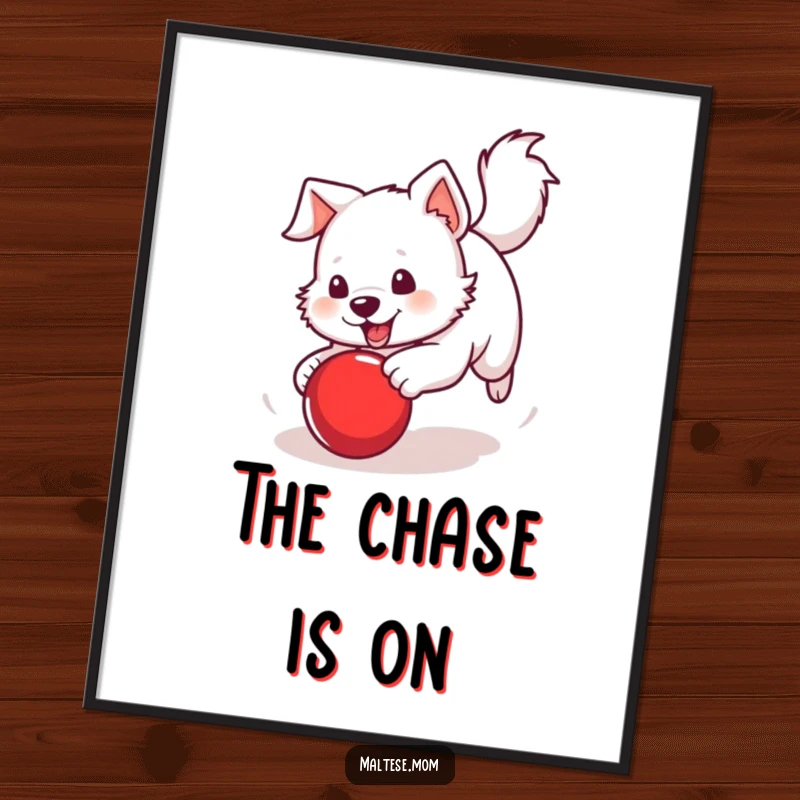 Funny Digital Art Print of a white dog with a perky tail chasing a bright red ball, capturing peak action for decor.