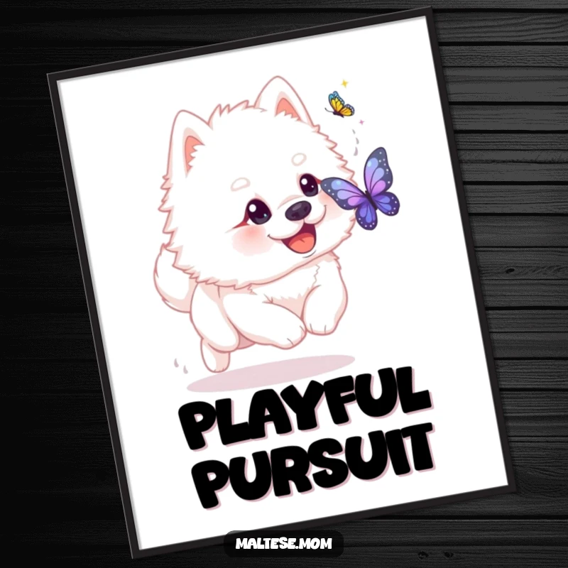 Funny fluffy white dog with playful glint chasing shimmering butterfly as digital art. Instant playful pet decor, perfect funny gift.