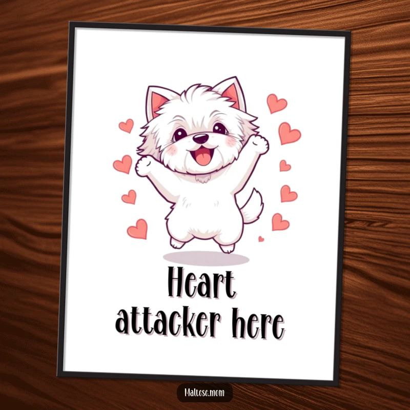 Funny Kawaii Maltese dog digital art print, showing a fluffy white dog leaping exuberantly amidst small hearts, capturing pure, infectious joy.